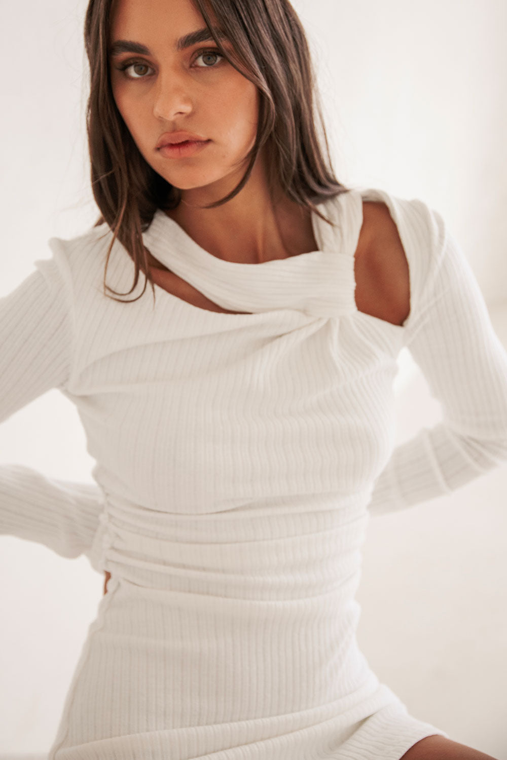 white long sleeve ribbed dress Bobbi Long Sleeve Ruched Side Ribbed Dress White