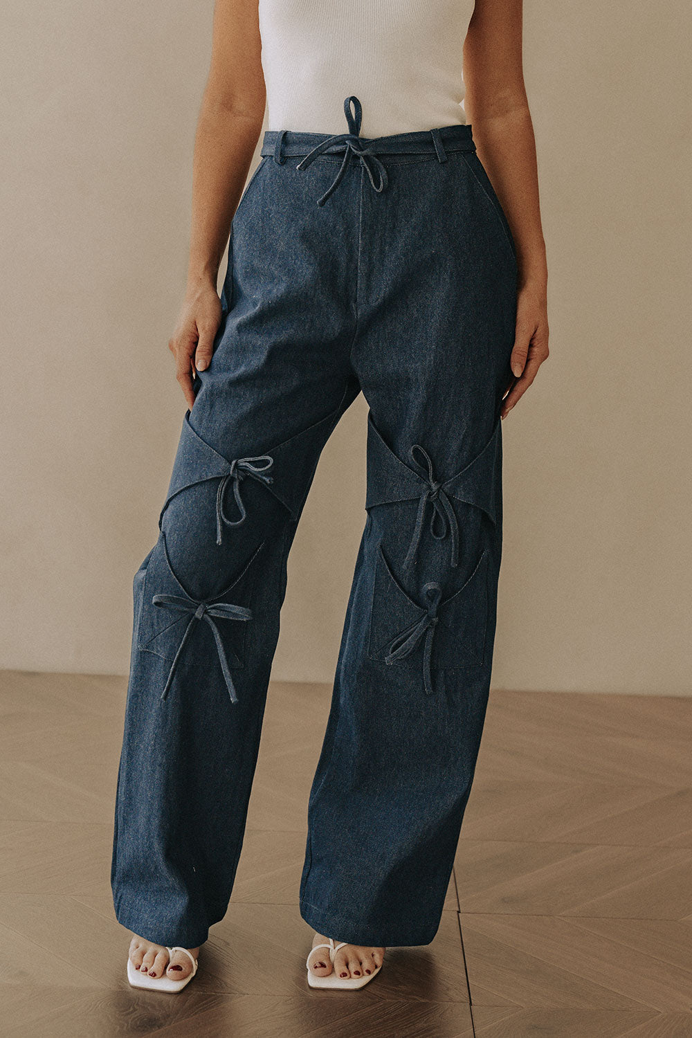 Dark Blue Denim Bow Detail Poet Jean Pants XS