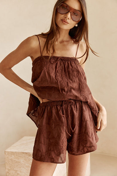 Chocolate Brown Embroidered Elastic Drawstring Hazel Shorts – SABO