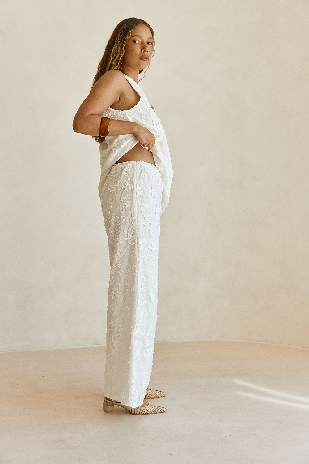 White Leafy Motif High Waist Cambria Pants – SABO