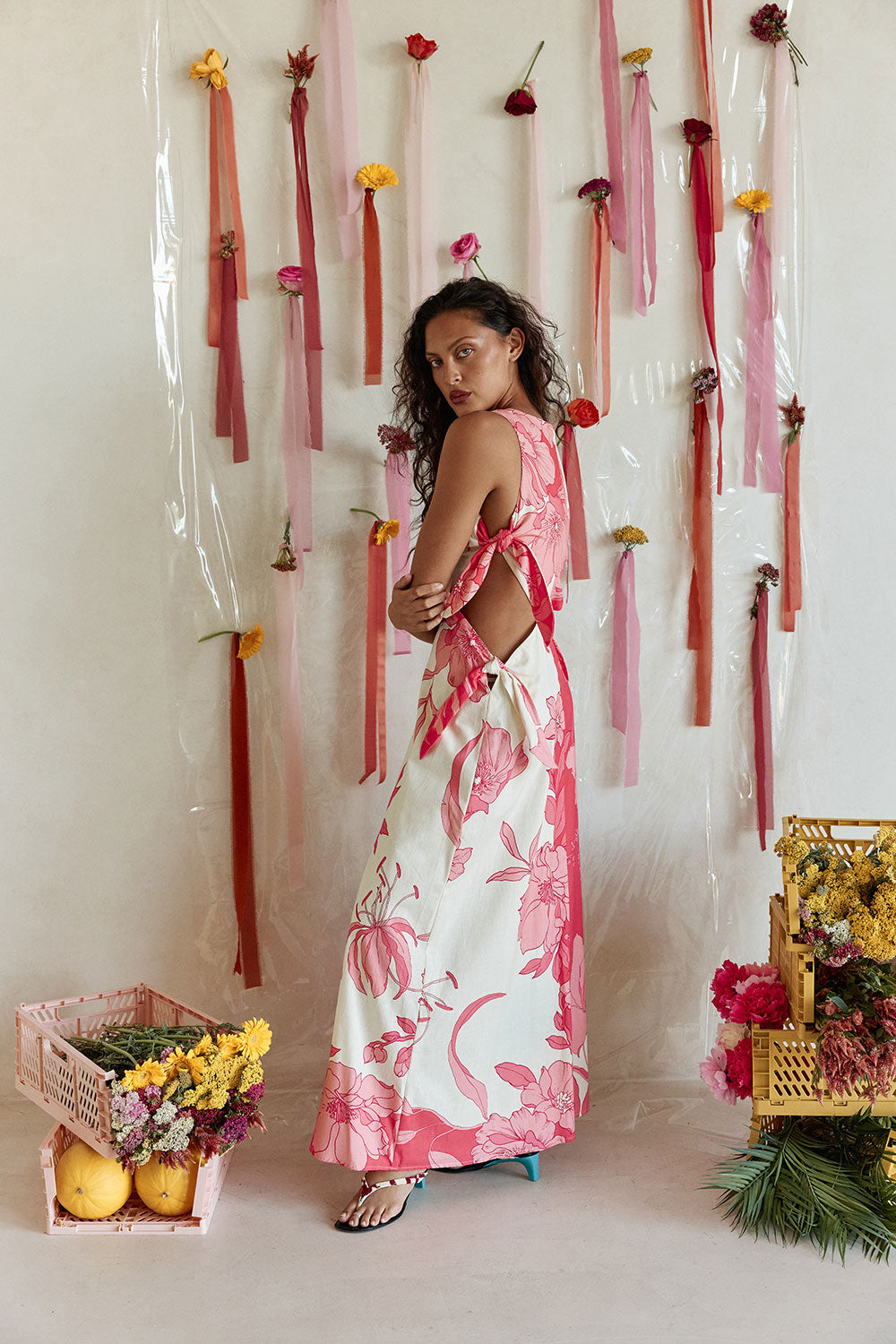 Pink Flora Sunset Print Bow Maxi Milako Dress XXXL