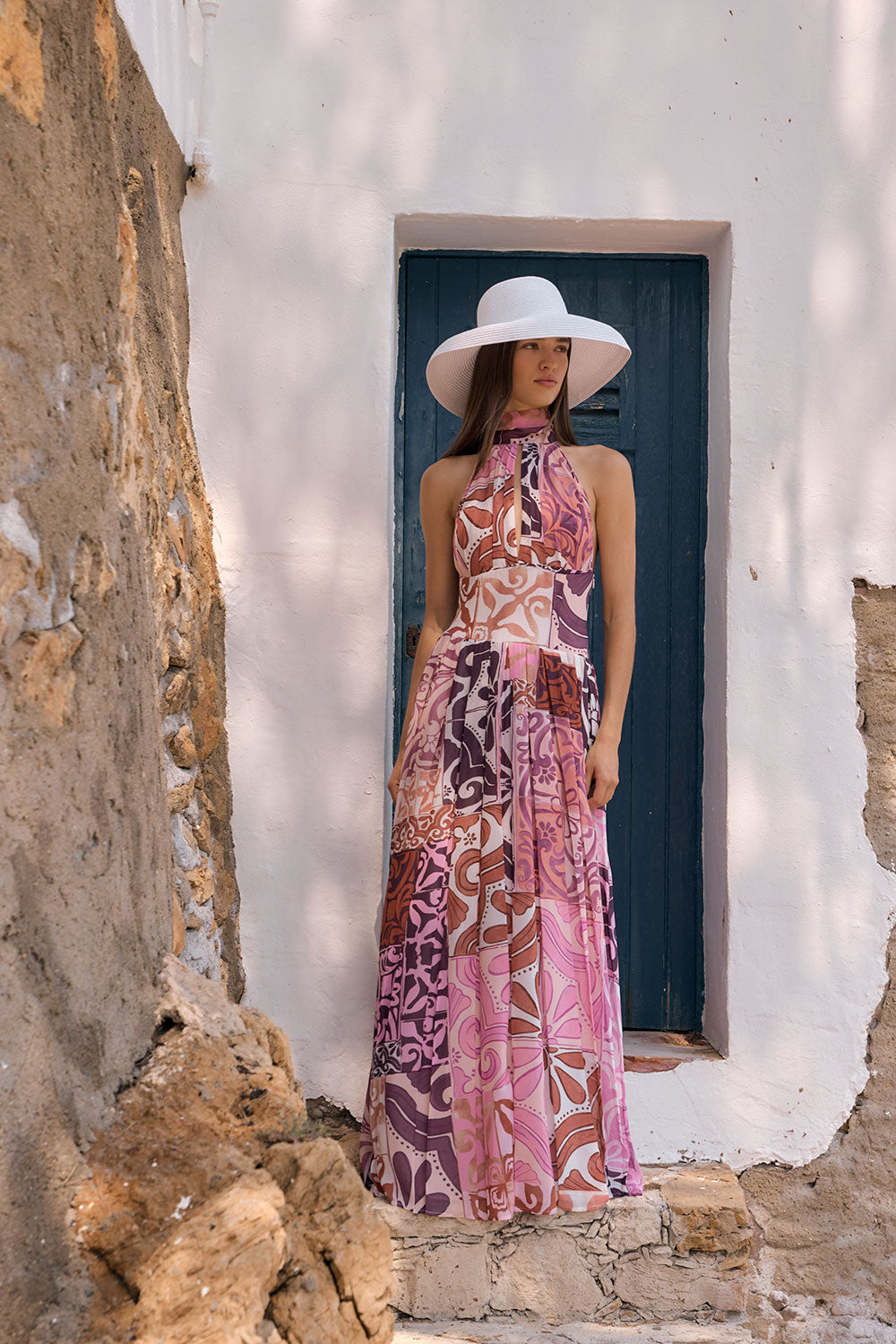 Pink Mosaica Print Halter Backless Maxi Margot Pleated Dress – SABO