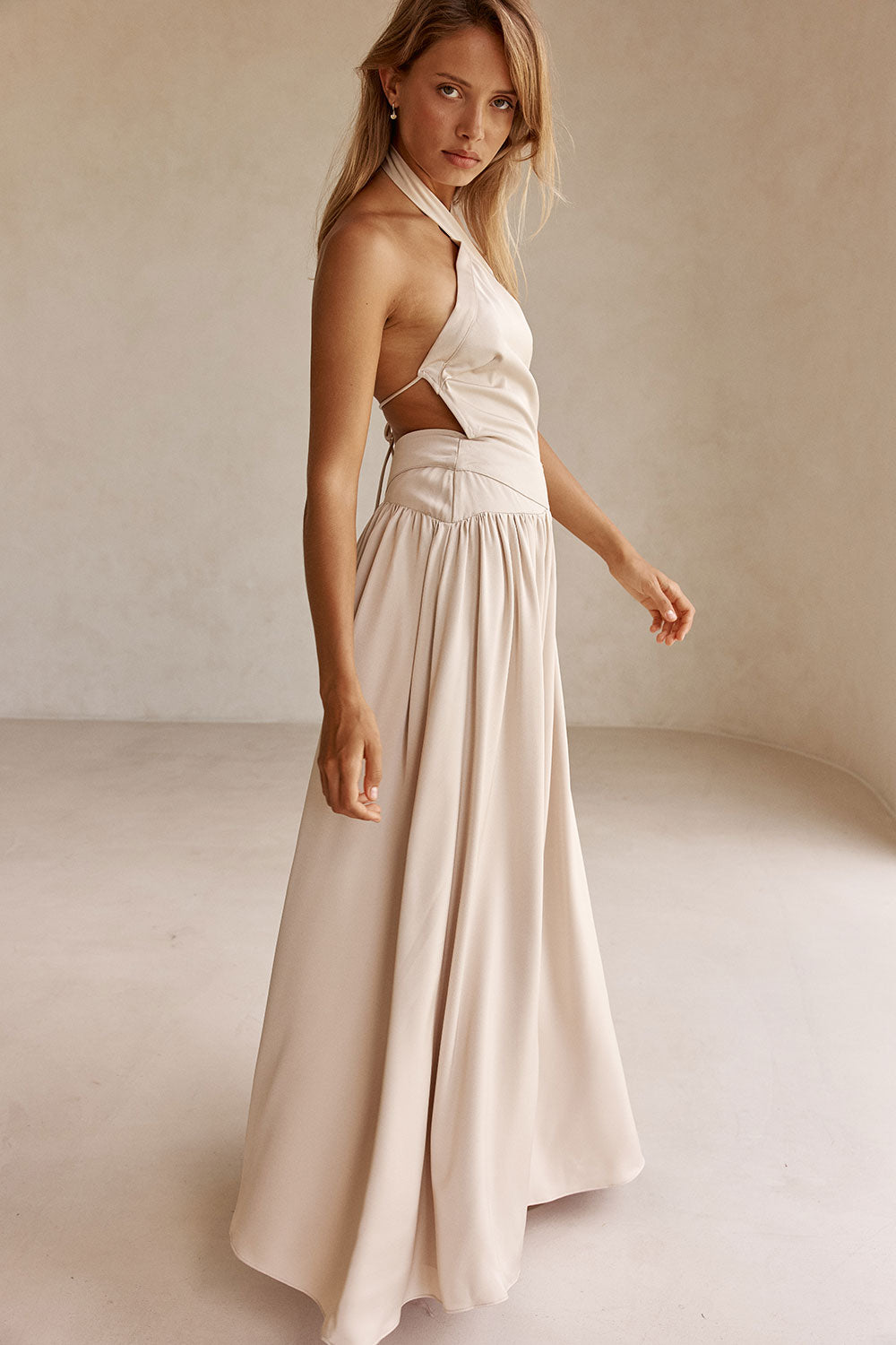 Beige Silky Halter Maxi Rani Dress XL