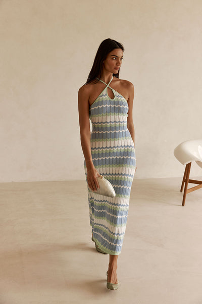 thml maxi dress Kora Drop Waist XS (0-4) Womens THML Tie Strap Maxi Dress in Blue Stripes Casual Lake Skylar Maxi Dress | THML