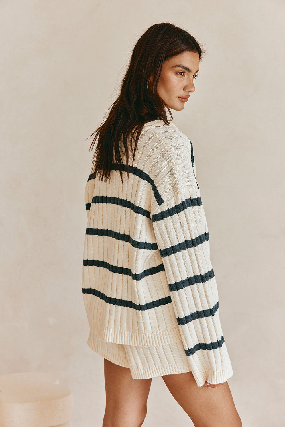 Cruz Long Sleeve Button Up Knit Cardigan - Blue, Navy, Cream