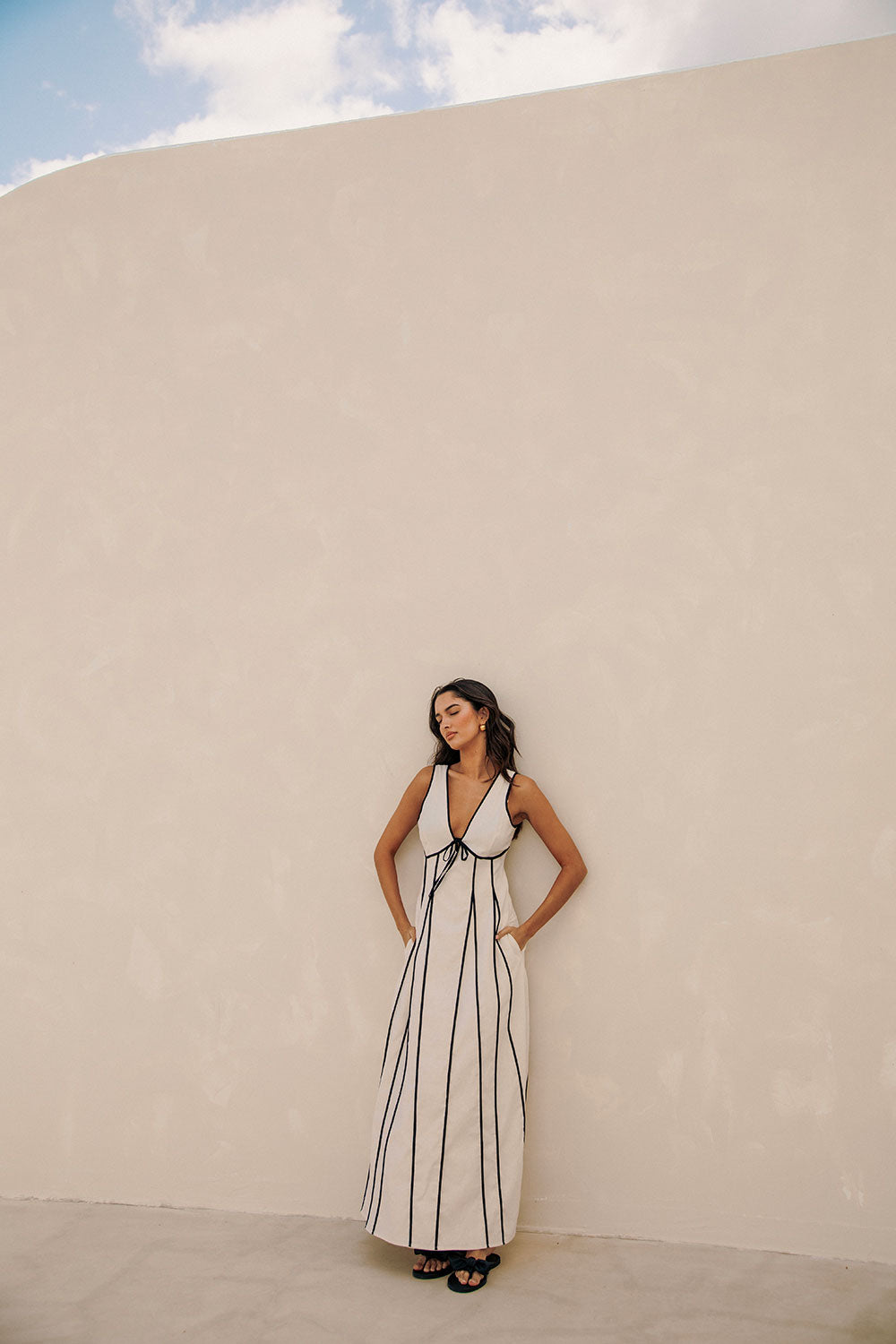 cream black tie dress Lady Black Tie - Timeless Repeat - Pleated Satin Midi Dress
