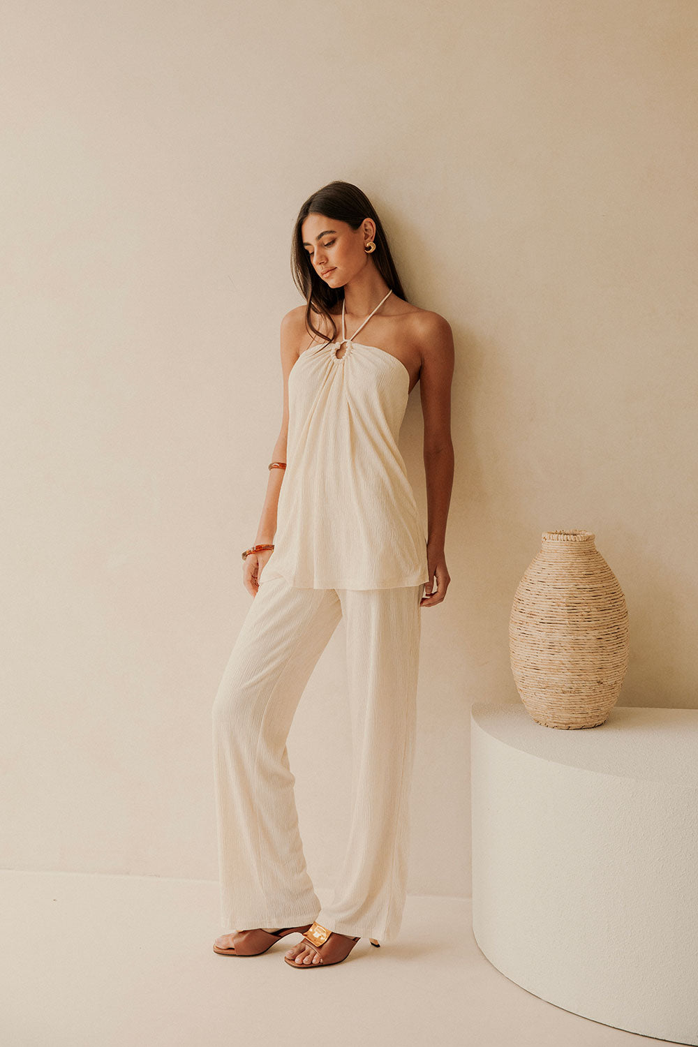 Cream Halter Top Overlay Ayden Jumpsuit – SABO