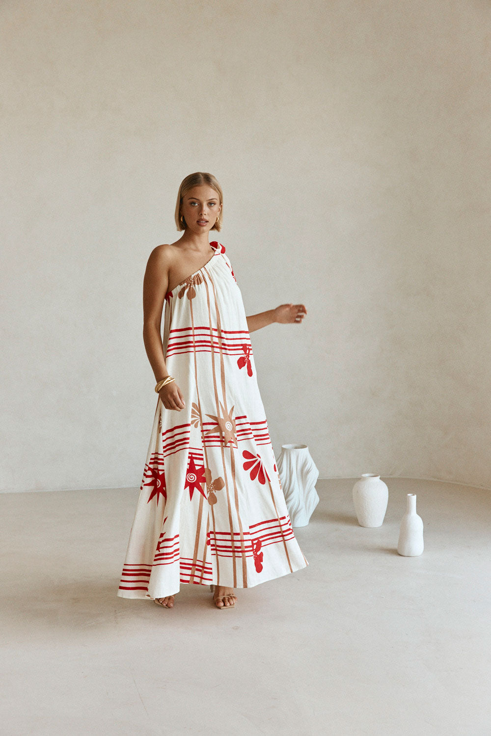 Cream Moana Red Print One Shoulder Maxi Avani Dress – SABO