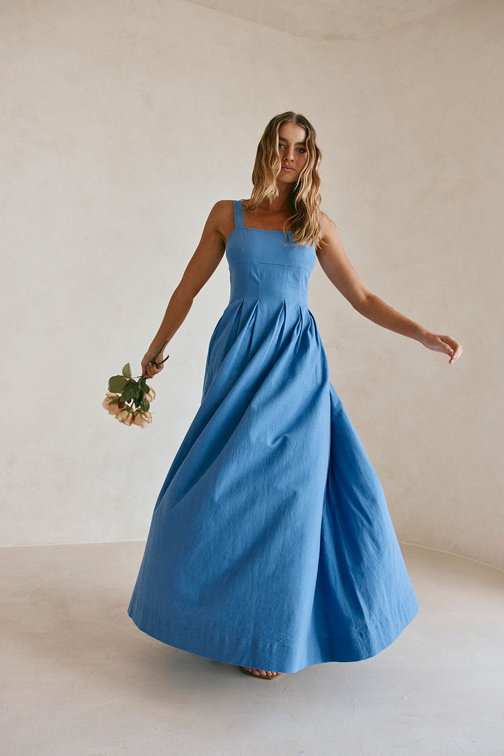 Blue Pleated Full Maxi Flore Dress XXS