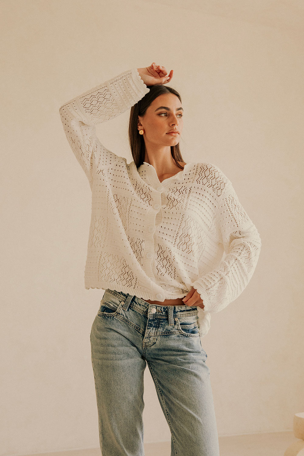 White Knit Long Sleeve Button Up Martina Top – SABO