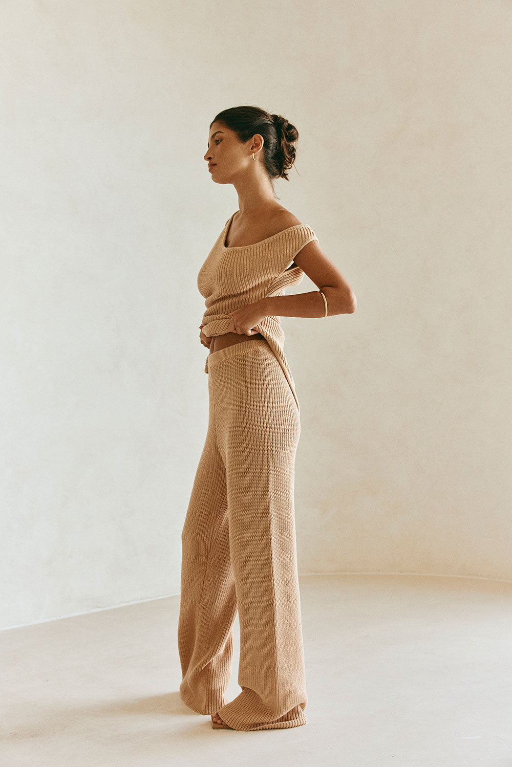 Tan Knit High Waist Elastic Sienna Pants – SABO