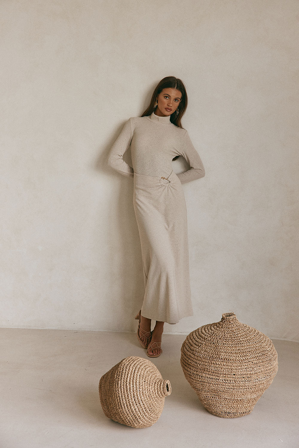 Beige High Neck Long Sleeve Fitted Maxi Simone Dress XXL