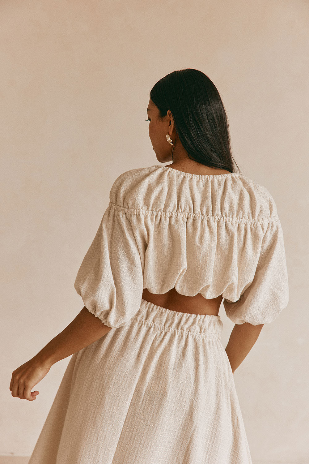 Beige Ruched Puff Sleeve Astra Crop Top XXL