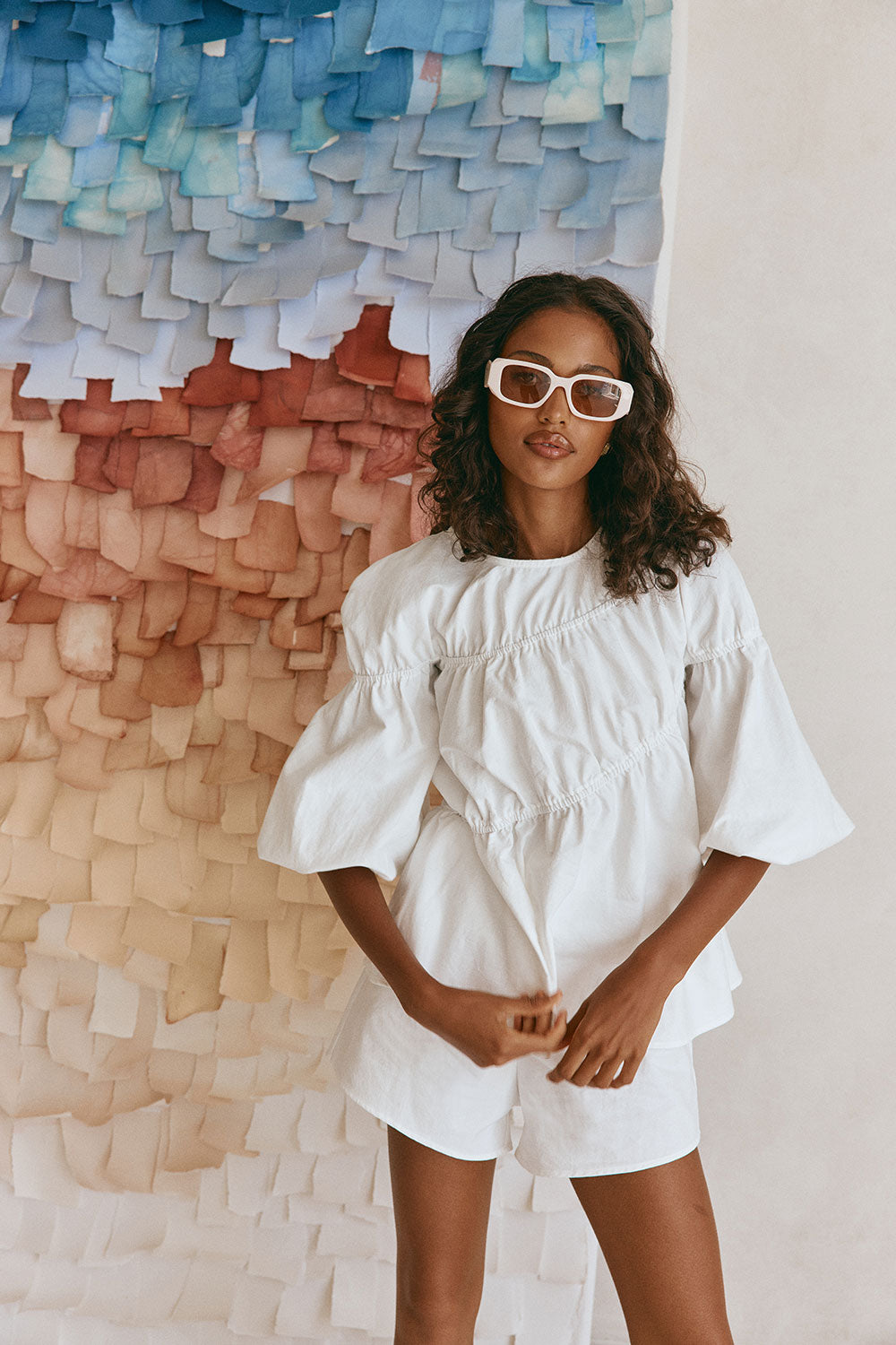 White Structured Ruched Puff Sleeve Akel Top – SABO