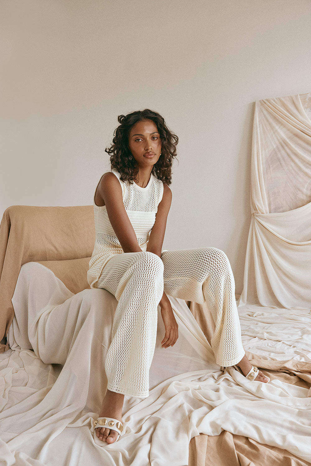 Cream Knit High Waist Relax Alara Pants XXS | by SABO Cream Knit High Waist Relax Alara Pants XXS | by SABO