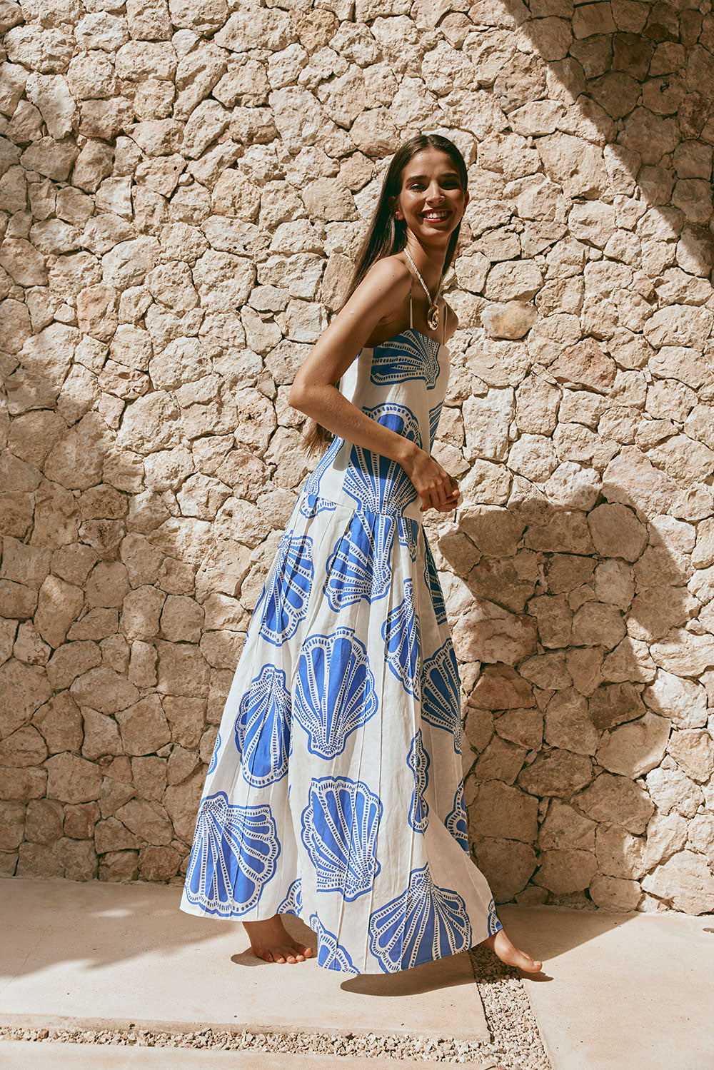 Bette Thin Strap Maxi Dress - Seashell Print, Blue, White – SABO