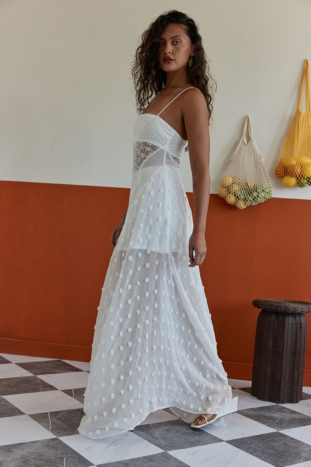 flared maxi dress Bridal White Sheer Lace Flared Maxi Dune Dress L