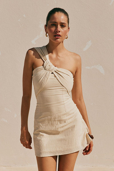 Beige One Shoulder Cutout Mini Knot Dimmi Dress XXXL