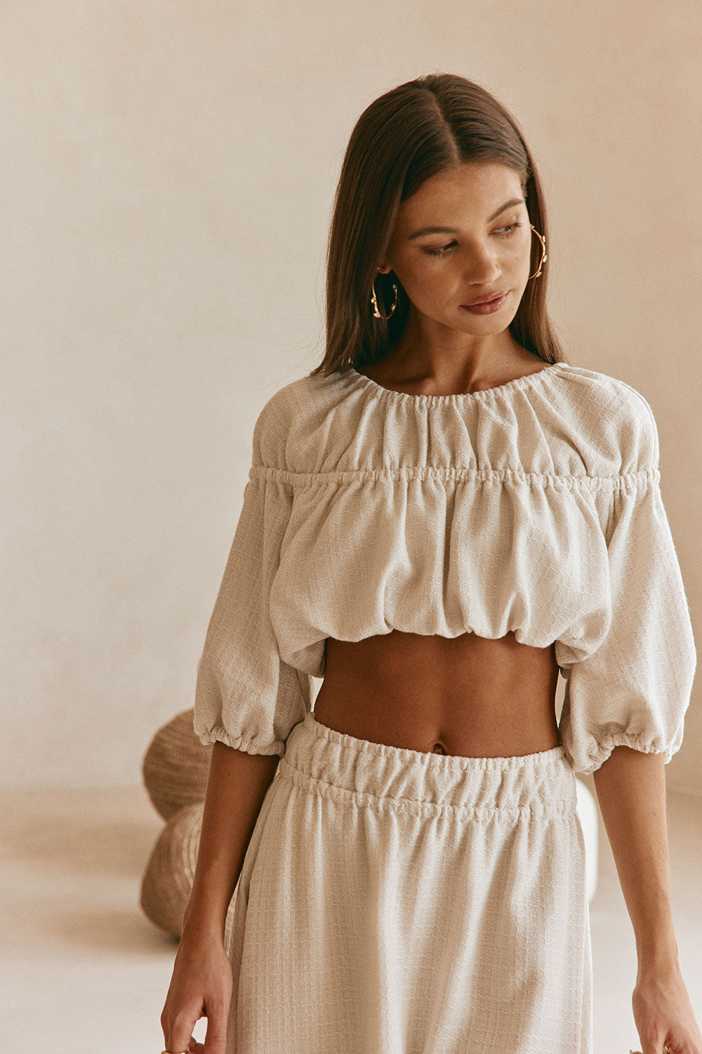 Beige Ruched Puff Sleeve Astra Crop Top – SABO