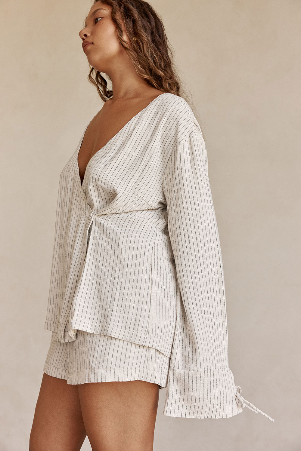 Beige and Black Pinstripe Lyla Wrap Top – SABO