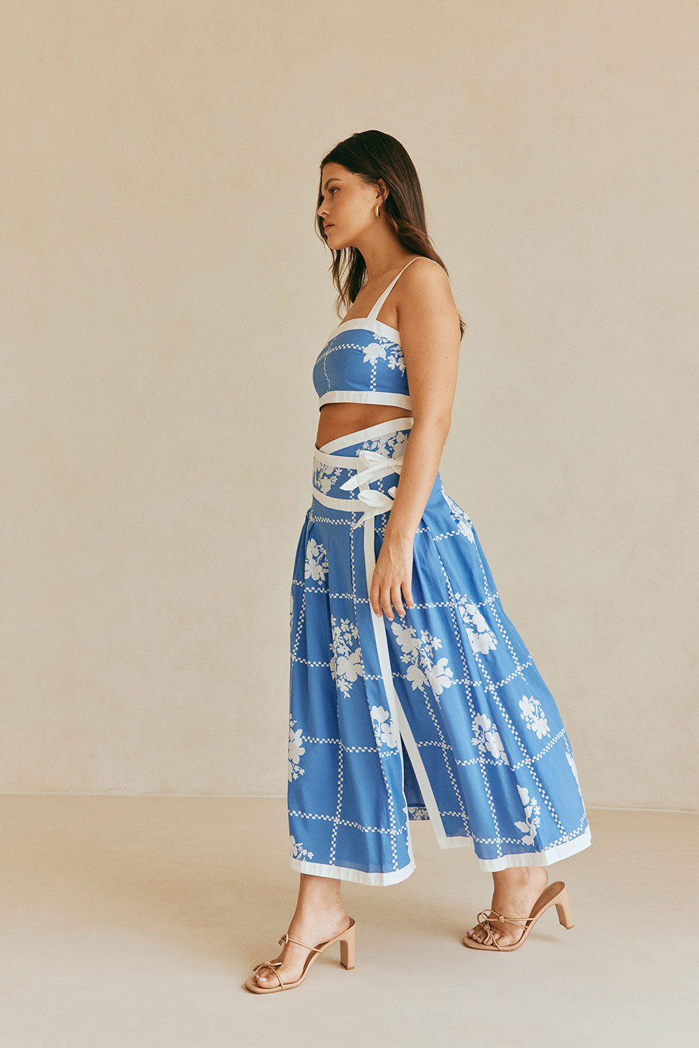 Estelle Split Wrap Midi Skirt - Postcard, Blue & White Check