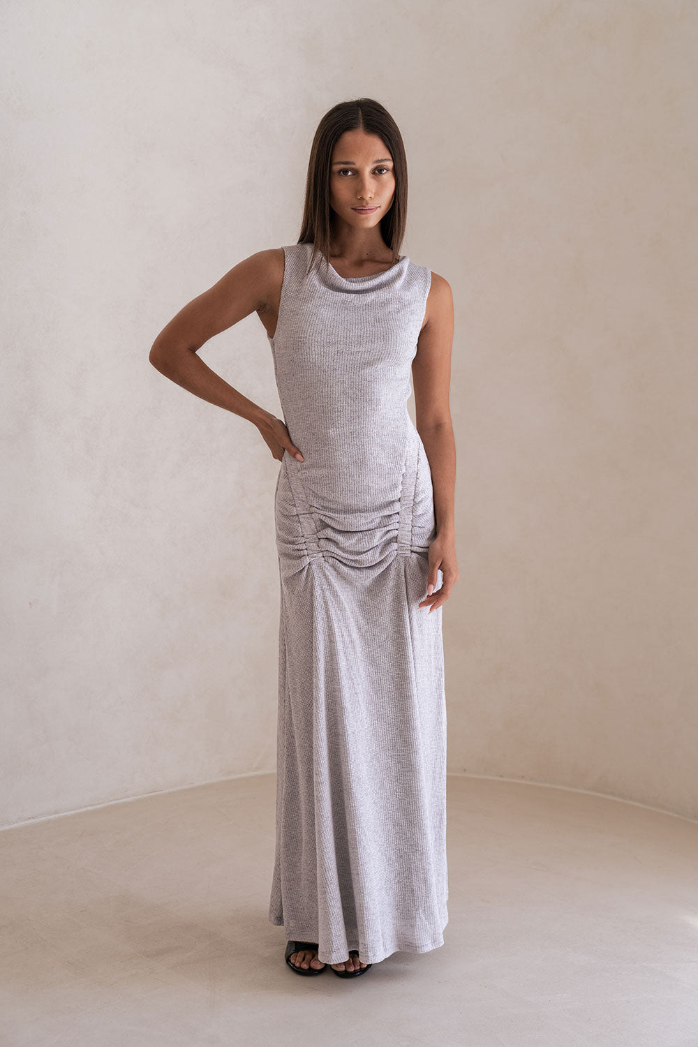 Dusty Blue Stretchy Knit Ruched Maxi Thea Dress XXL | by SABO Dusty Blue Stretchy Knit Ruched Maxi Thea Dress XXL | by SABO