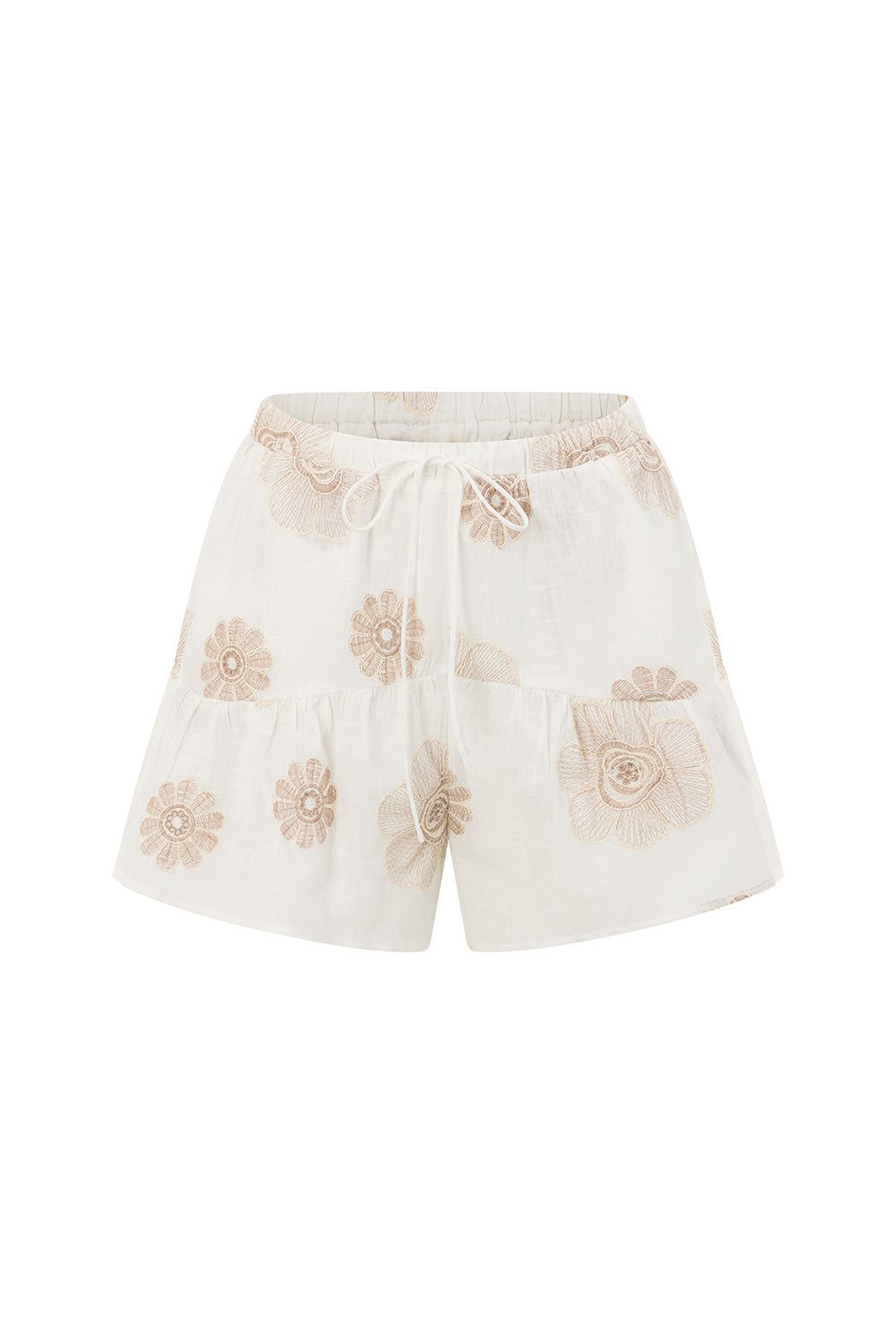 White Floral Motif Embroidered Elastic Drawstring Camela Shorts – SABO