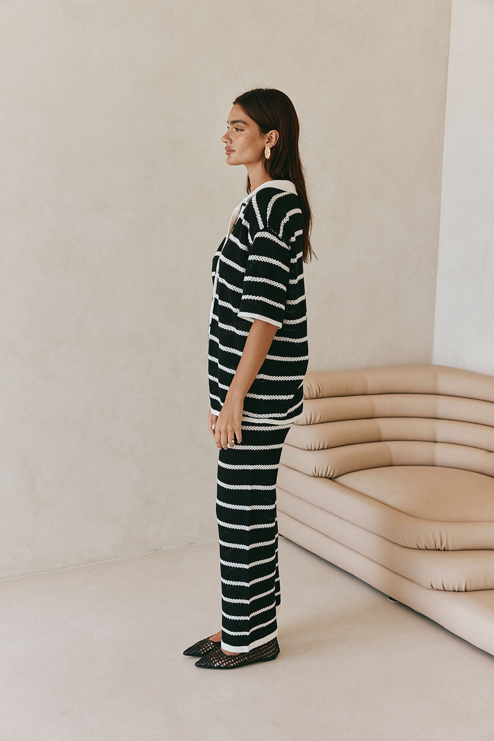Black And White Stripe Knit Button Up Collar Mia Top – SABO