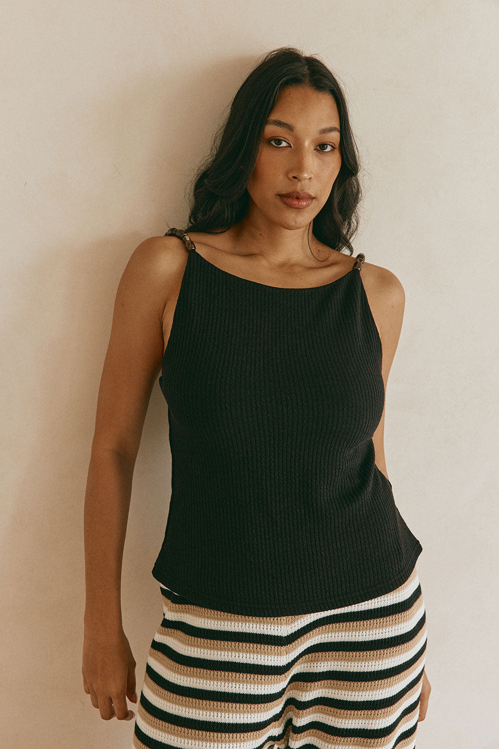 Black Ribbed Beaded Illaria Tank Top – SABO