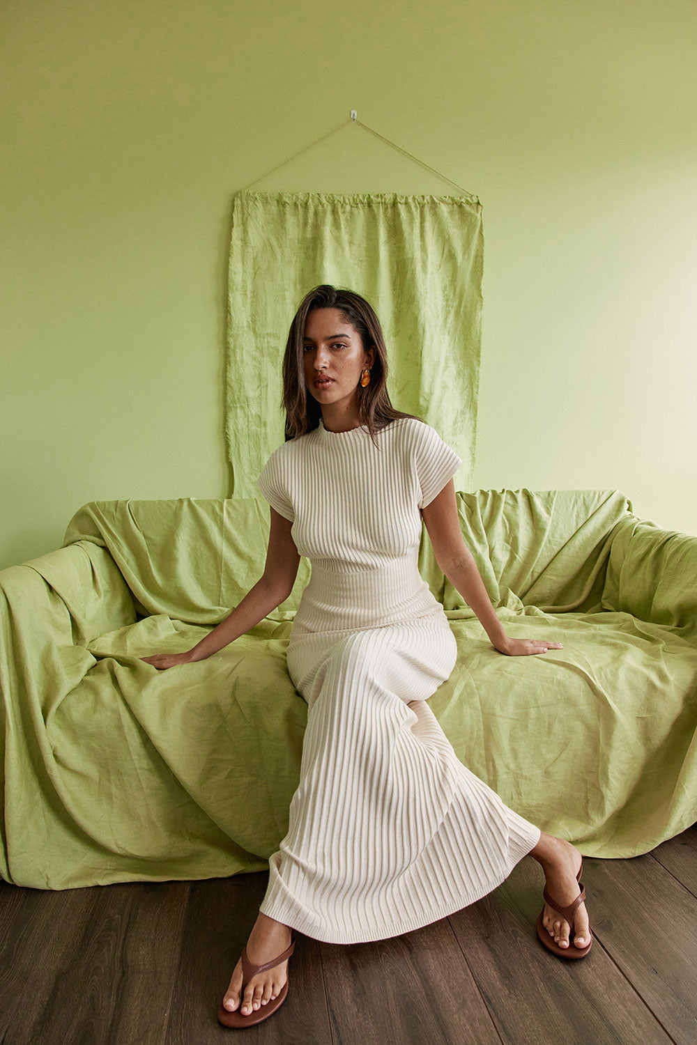 cream ribbed dress HATCH Collection The Odette Ribbed Midi Dress in Ivory