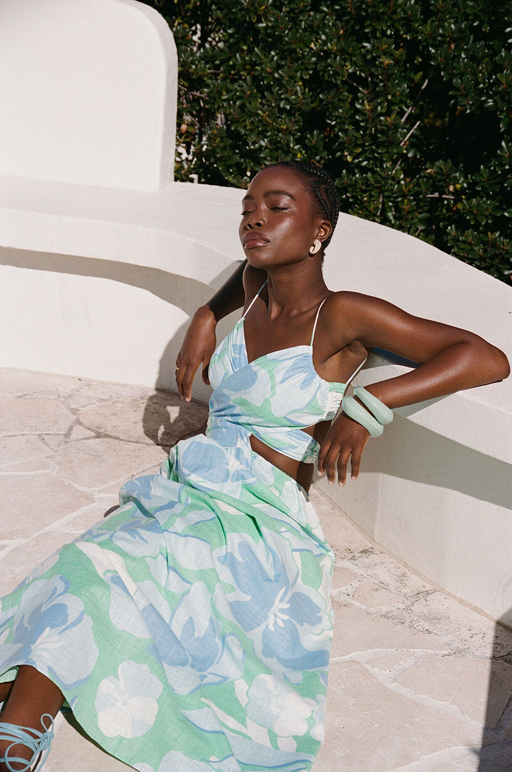 Iris Cutout Midi Dress - Spring Petals Blue Green White XS Iris Cutout Midi Dress - Spring Petals Blue Green White XS