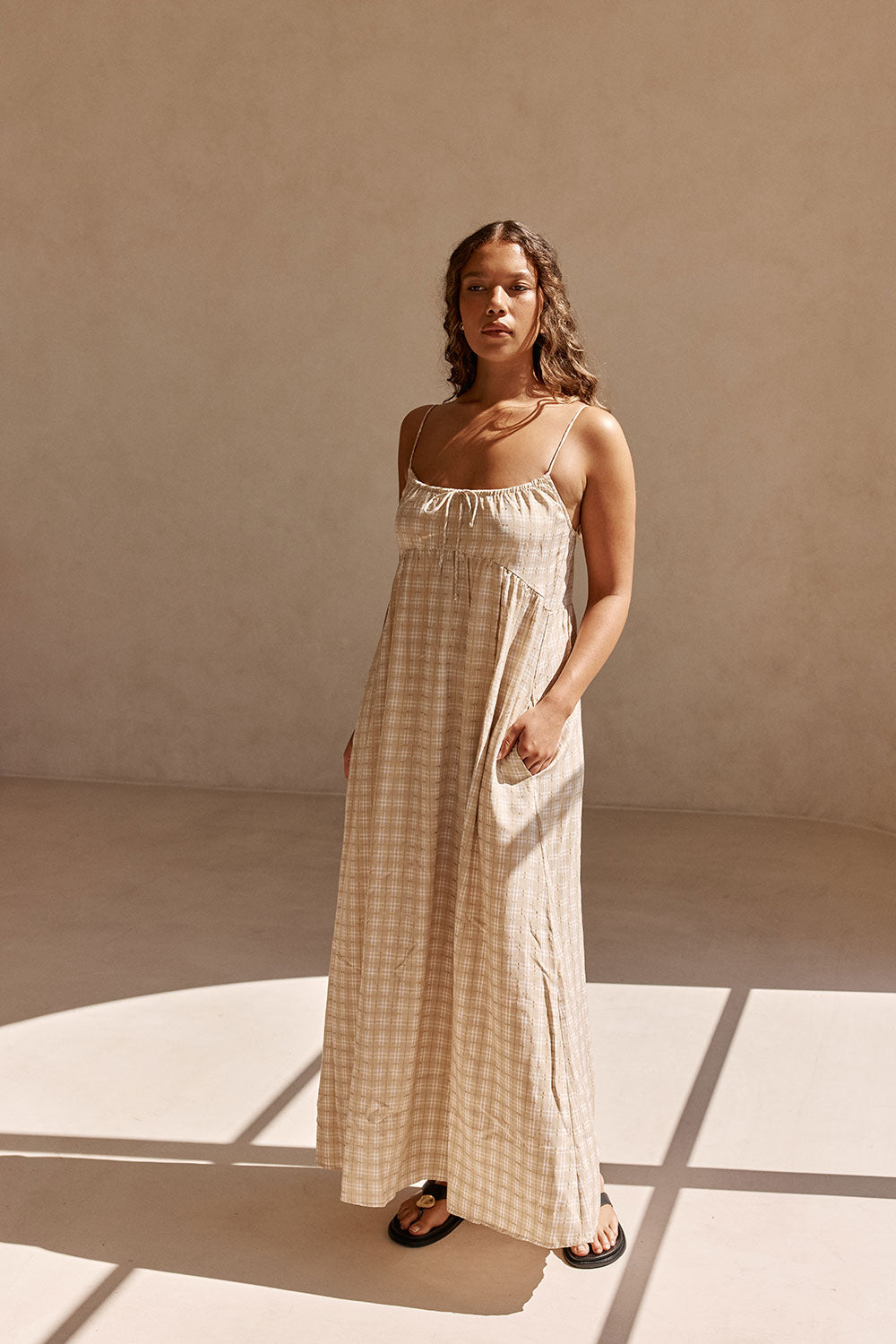 Khaki Gingham Strappy Maxi Lissa Dress XXS
