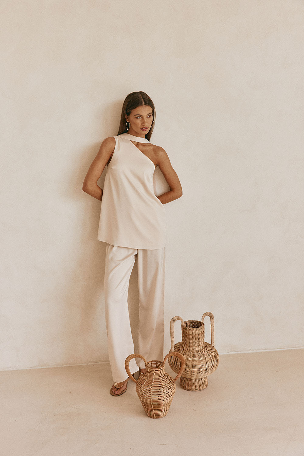 Beige Silky Asymmetric Scarf Koda Top – SABO