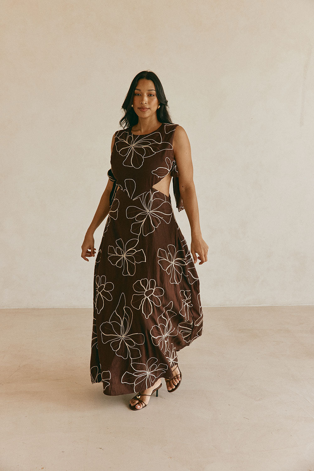 Chocolate Brown Floral Embroidered Maxi Aurelia Dress XS