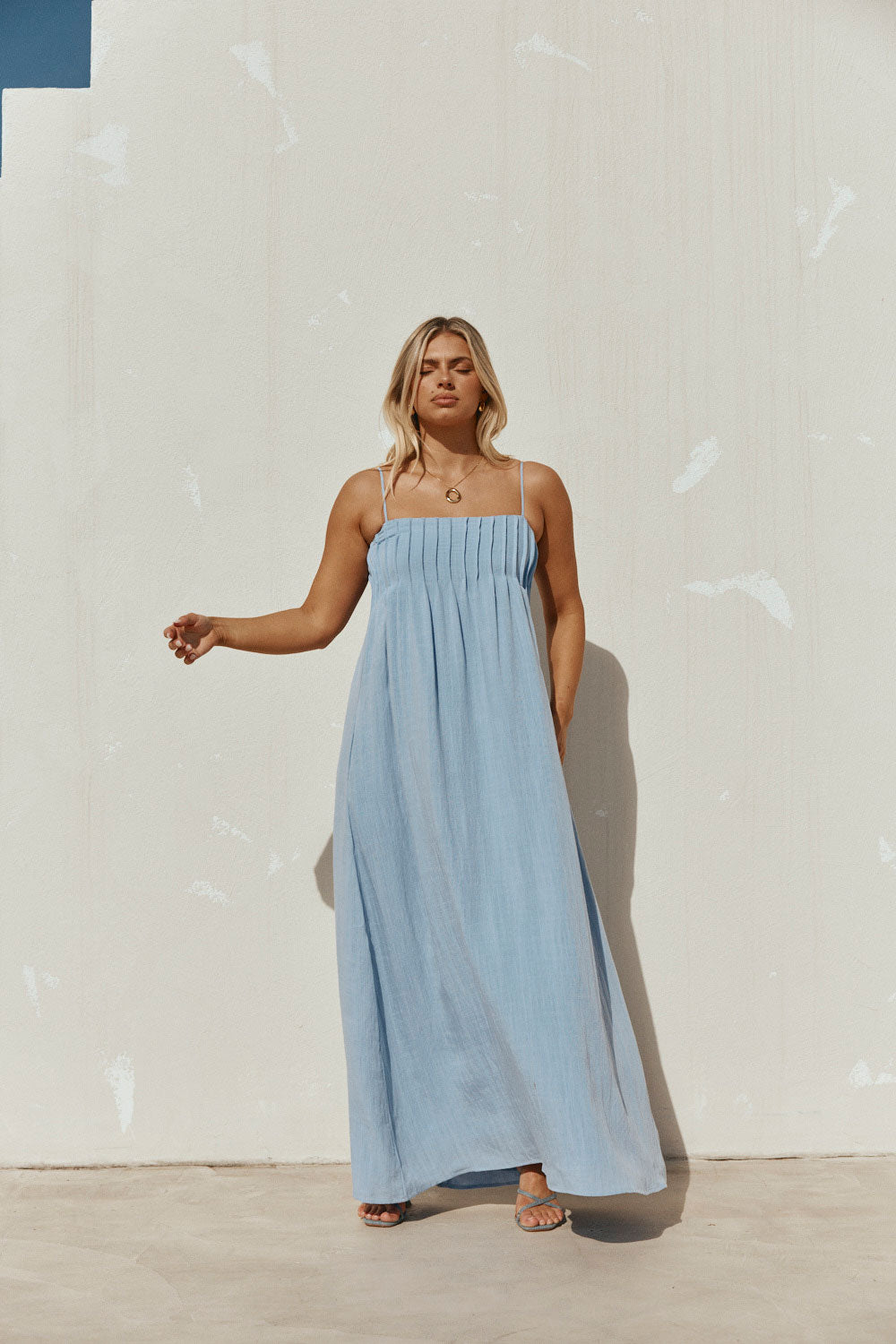 Blue Pin Tuck Pleat Maxi Ada Dress – SABO
