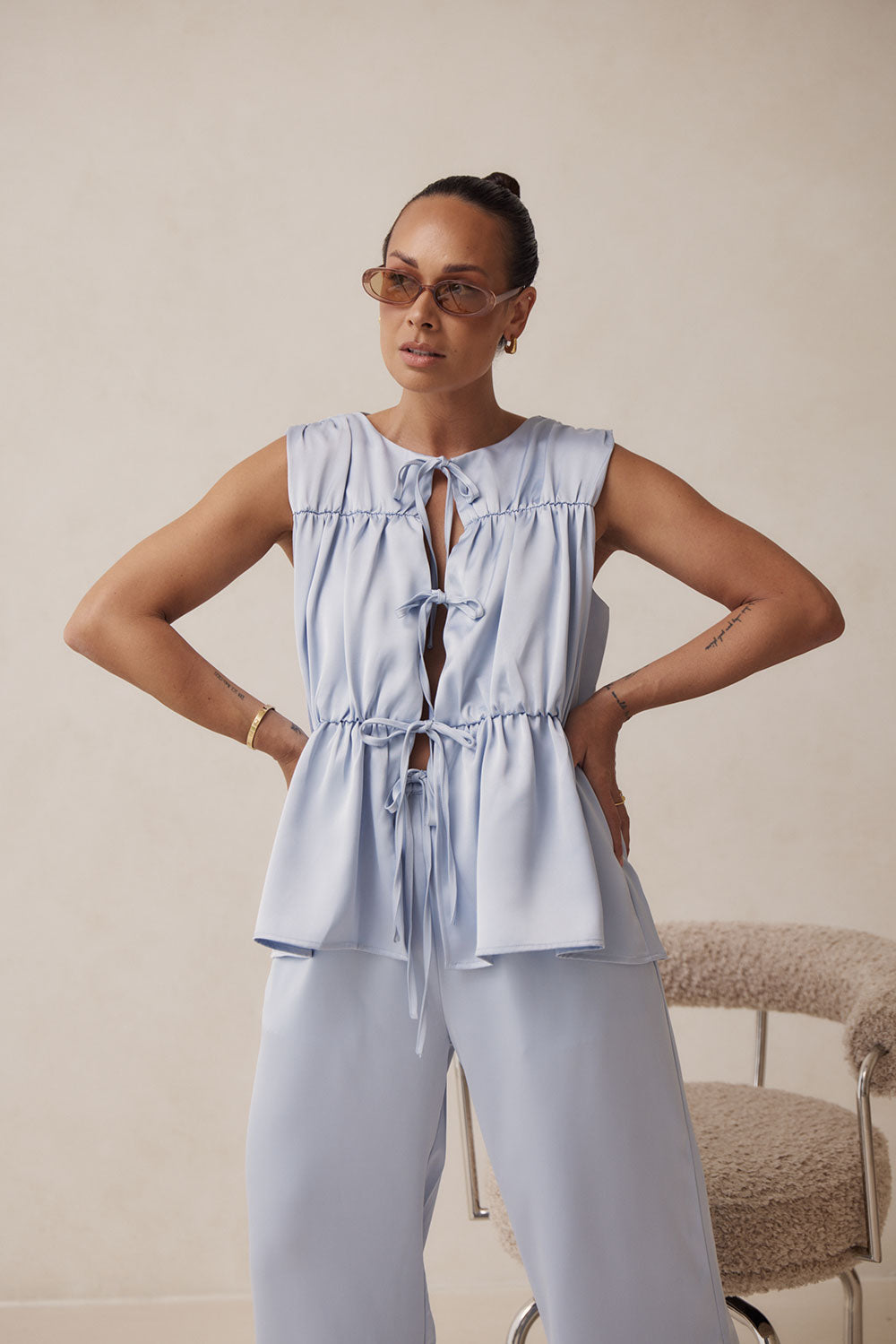 Blue Ruched Panelled Front Tie Juliette Top – SABO