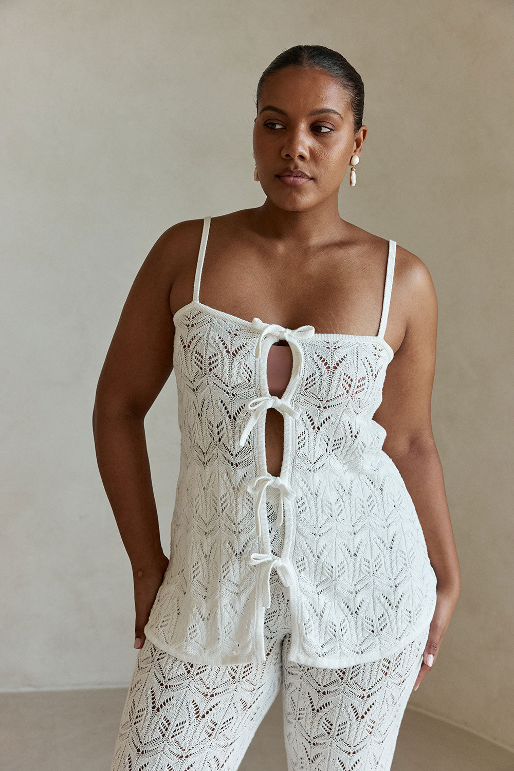 White Crochet Knit Front Tie Atley Top – SABO