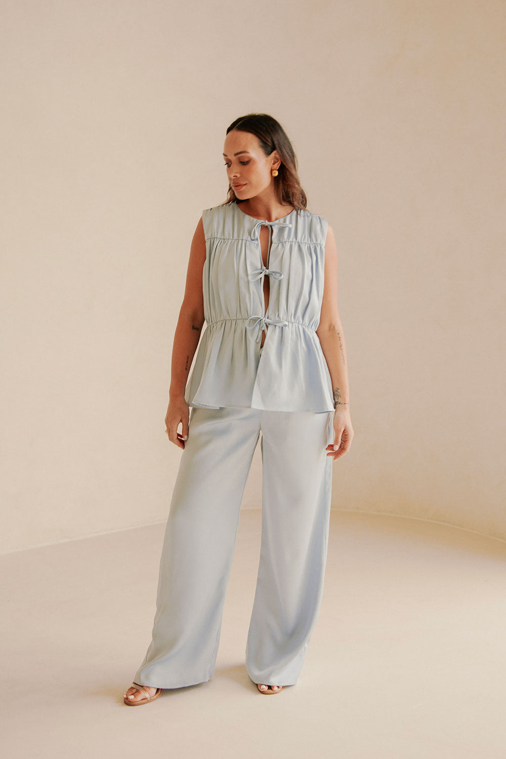 Blue Ruched Panelled Front Tie Juliette Top – SABO
