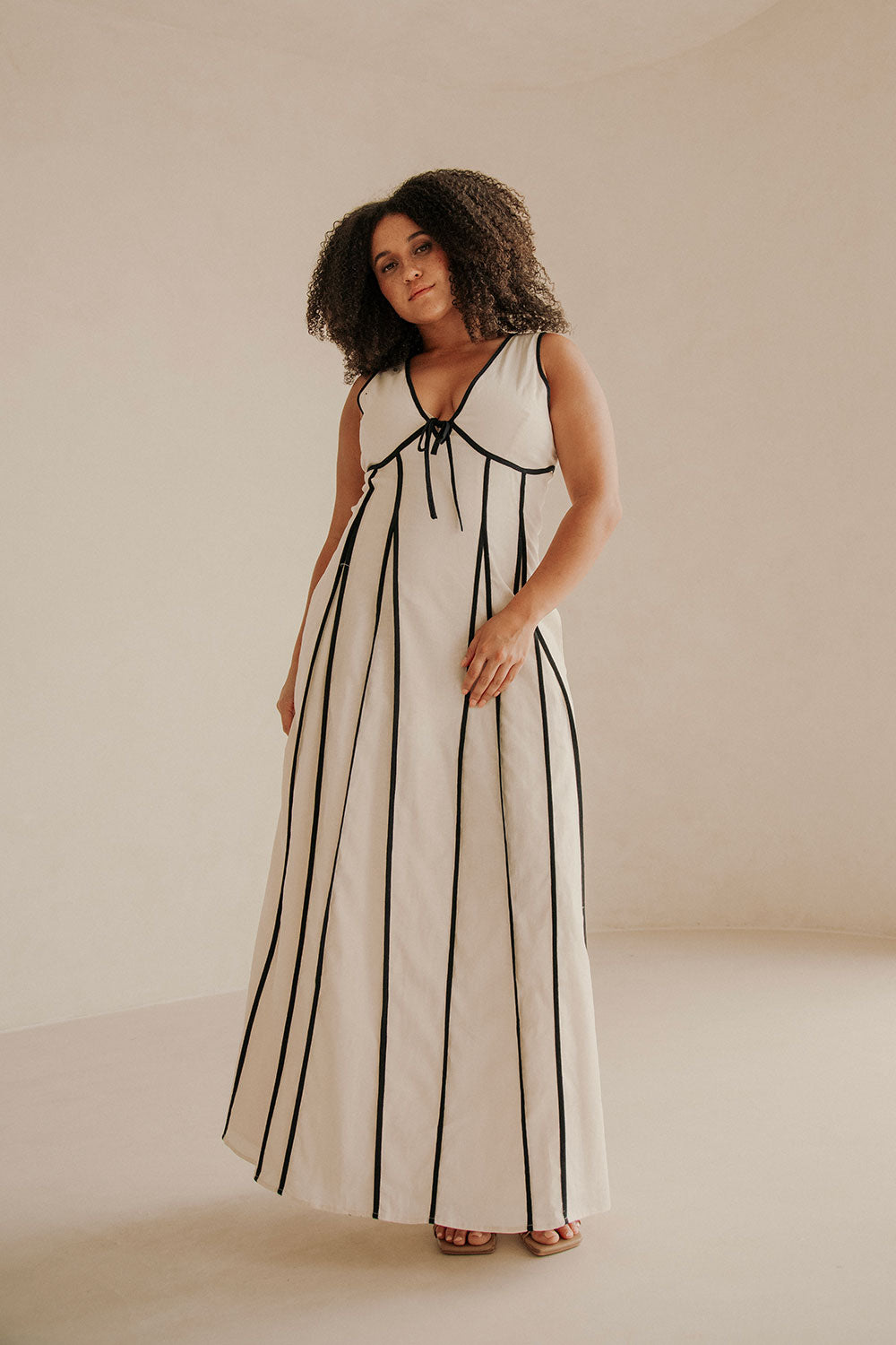 Maylin V Neckline Tie Maxi Dress - Cream, Black SABO Maylin V Neckline Tie Maxi Dress - Cream, Black SABO