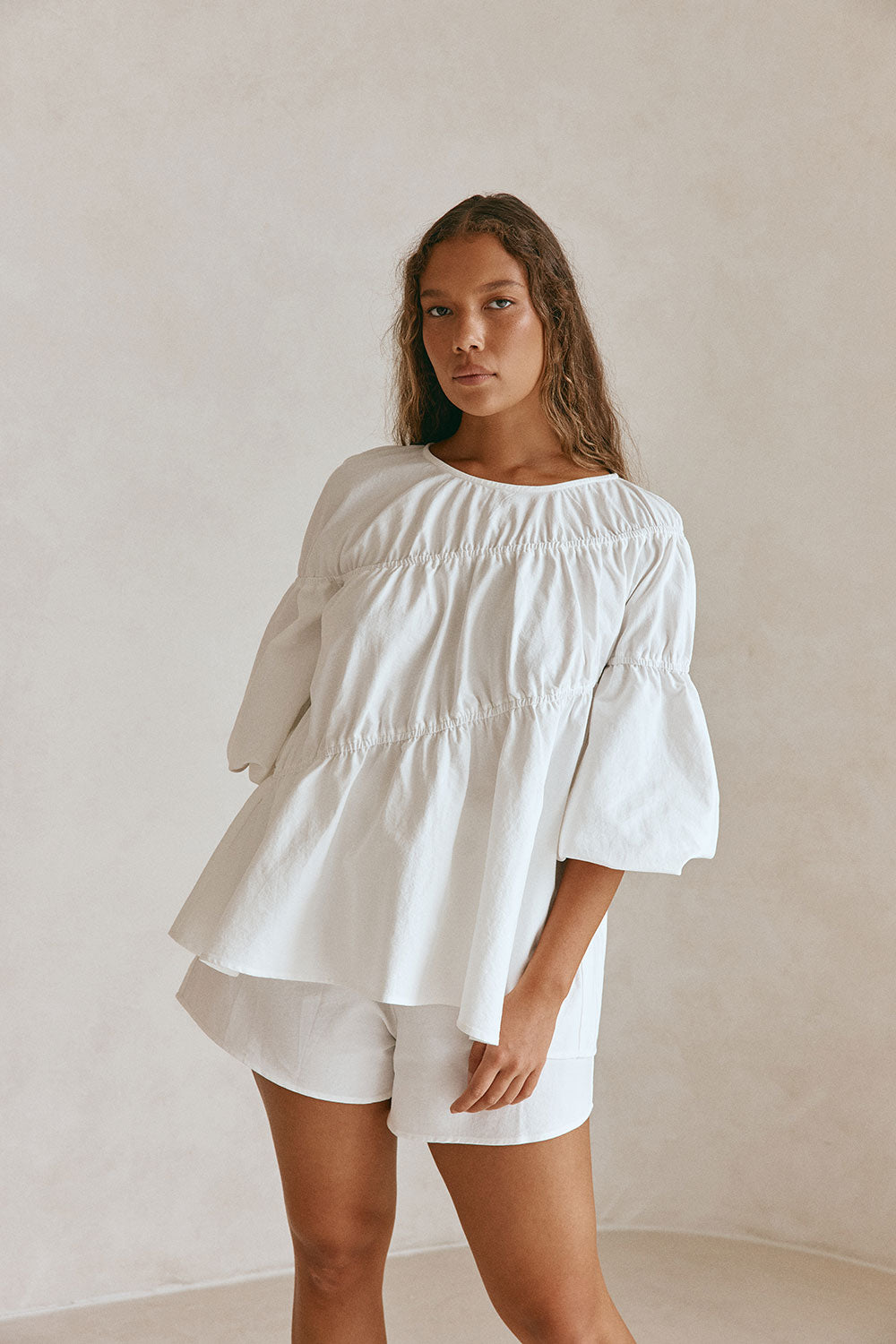 White Structured Ruched Puff Sleeve Akel Top – SABO