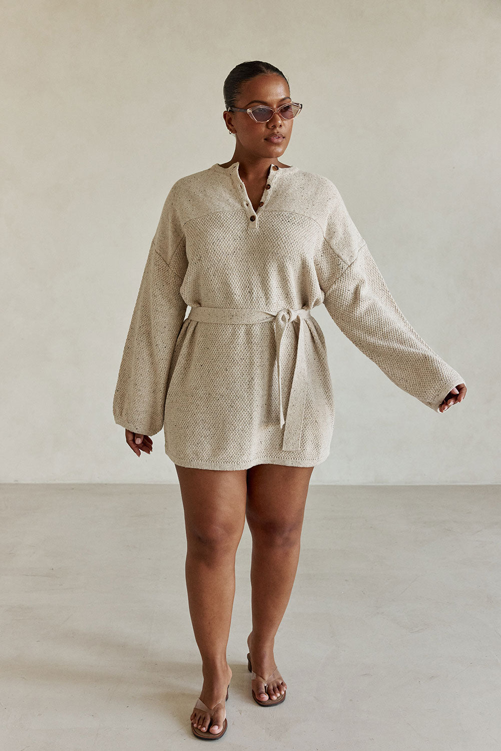 ワンピース andwang Airy Knit Pleated Dress Set S Oatmeal Knit Long Sleeve Mini Avant Dress – SABO