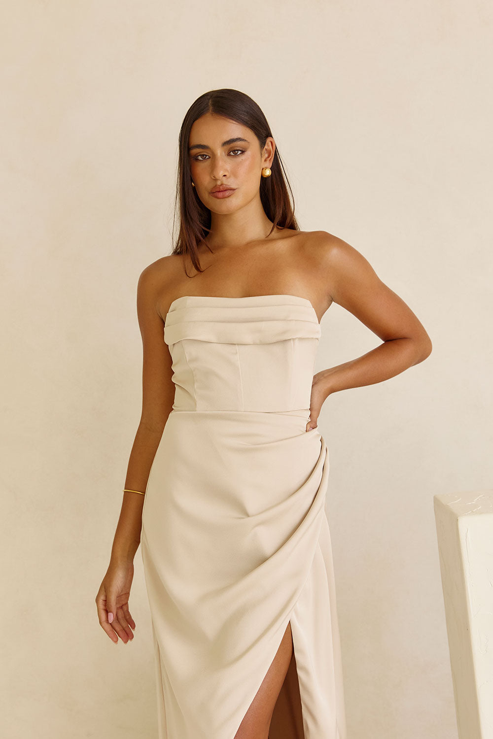Champagne Strapless Ruched Midi Pela Midi Dress XXL