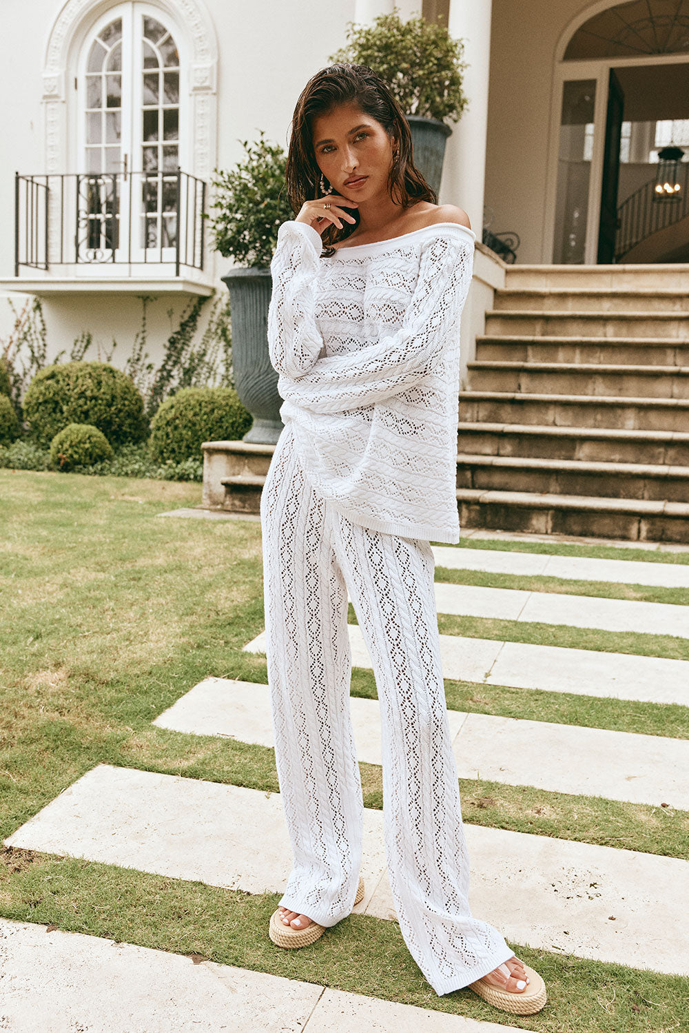 White Crochet Knit High Waist Elastic Cierra Pants – SABO