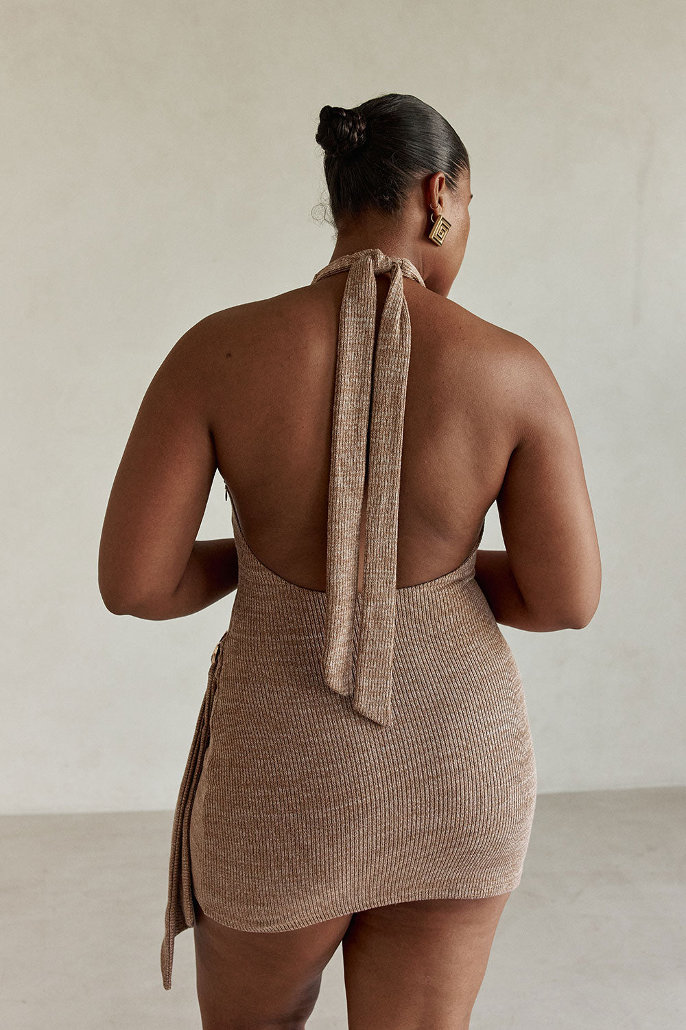 Tan Ribbed Wrap Mini Camari Halter Dress – SABO