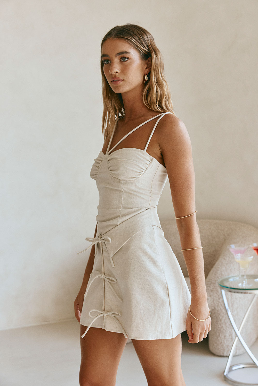 Beige Strappy Front Tie Mini Alexandra Dress – SABO