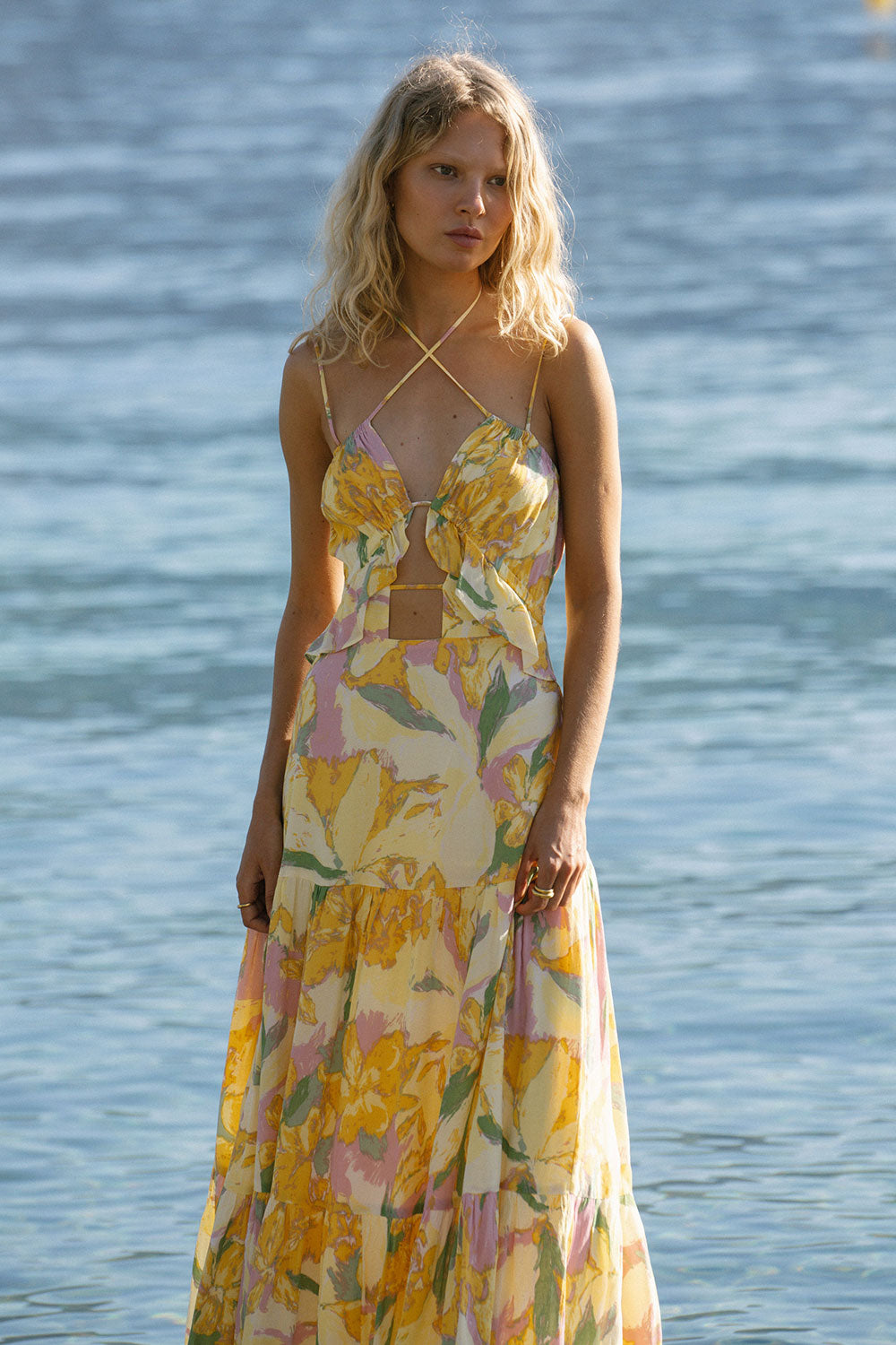 fishbone halter dress crushed flower dress Electra Crush | Pink halter floral midi dress