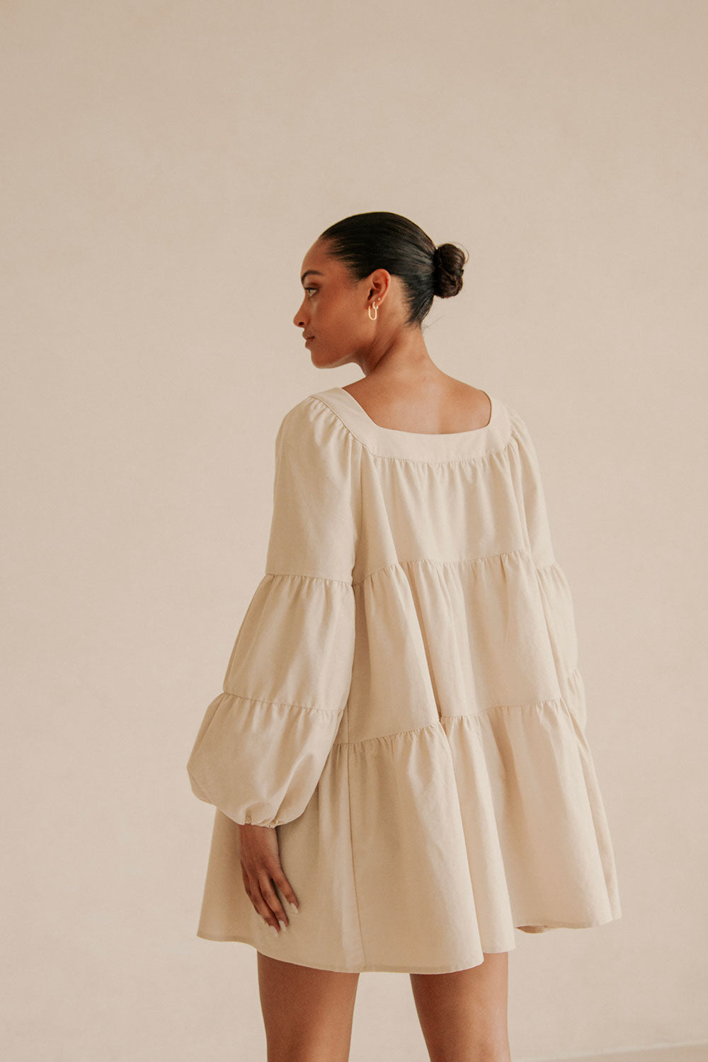Beige Puff Sleeve Button Midi Palmer Dress SABO Beige Puff Sleeve Button Midi Palmer Dress SABO