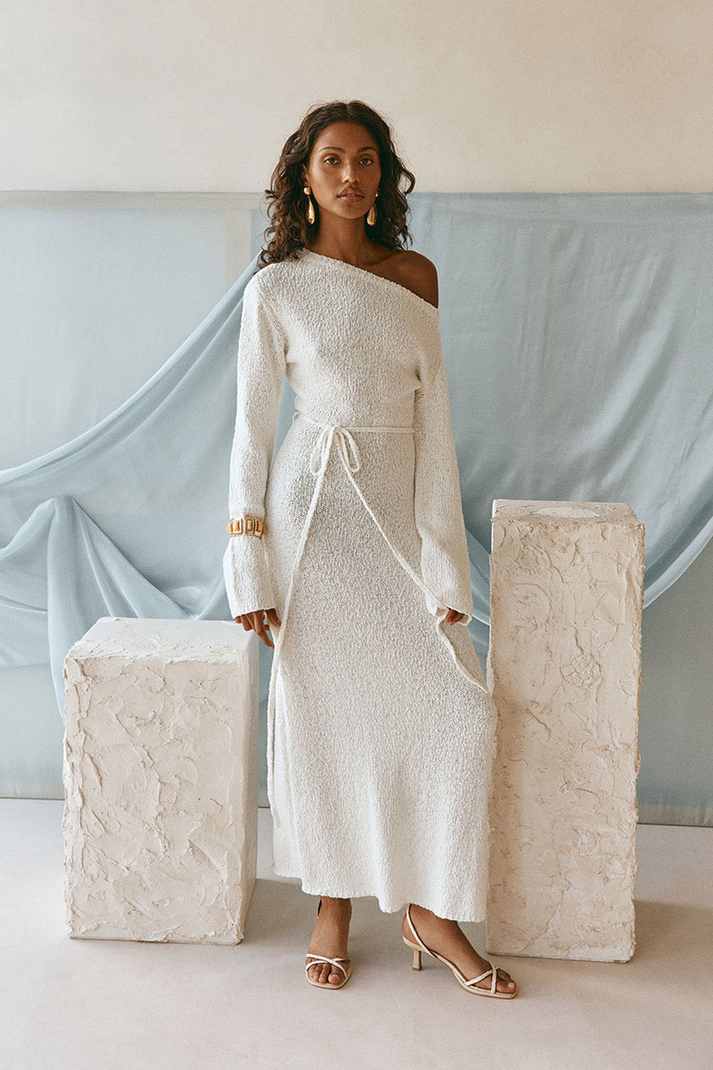 White Knit Long Sleeve Off Shoulder Maxi Kaiya Dress XL