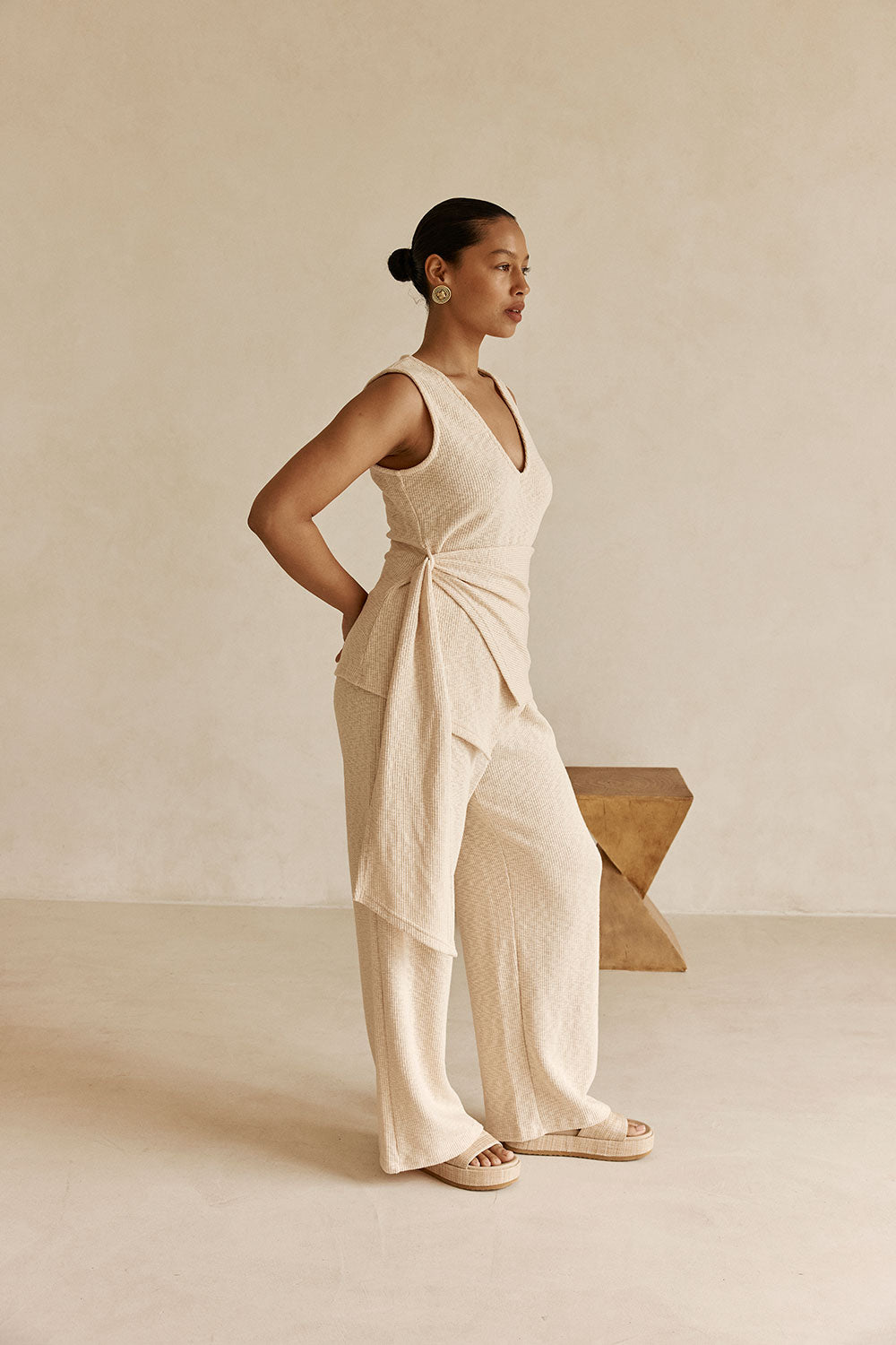 Beige Ribbed V-Neck Wrap Liora Top – SABO