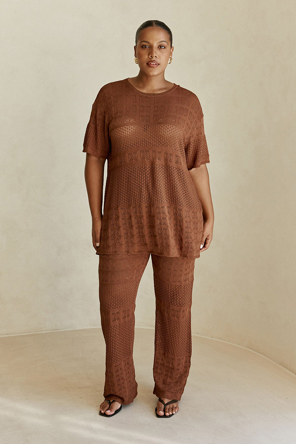 Chocolate Brown Crochet Knit Boxy Nixie T Shirt Top – SABO
